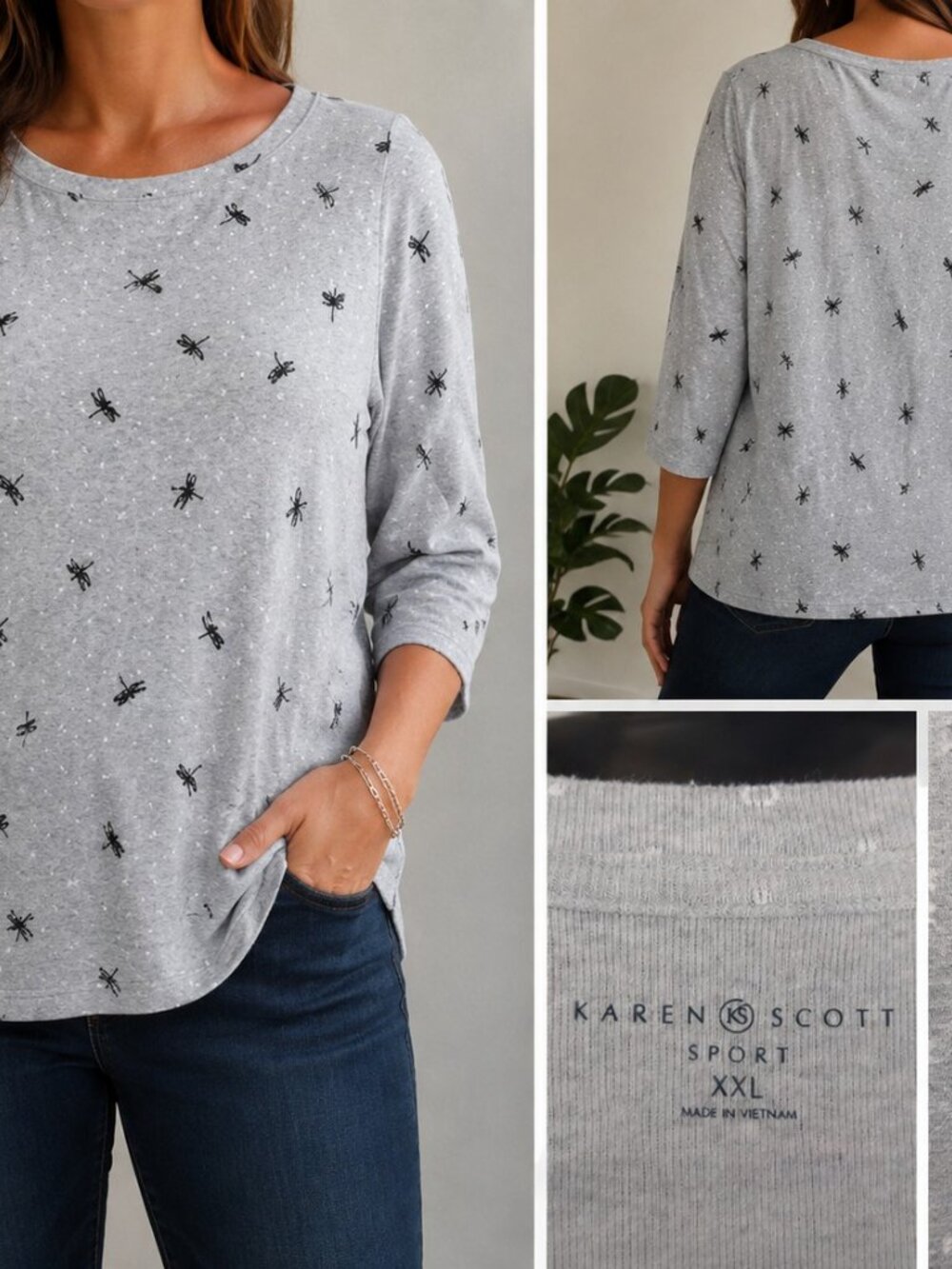 Karen Scott Sport XXL Women's Gray Dragonfly Print Top 3/4 Sleeve Cotton Blend